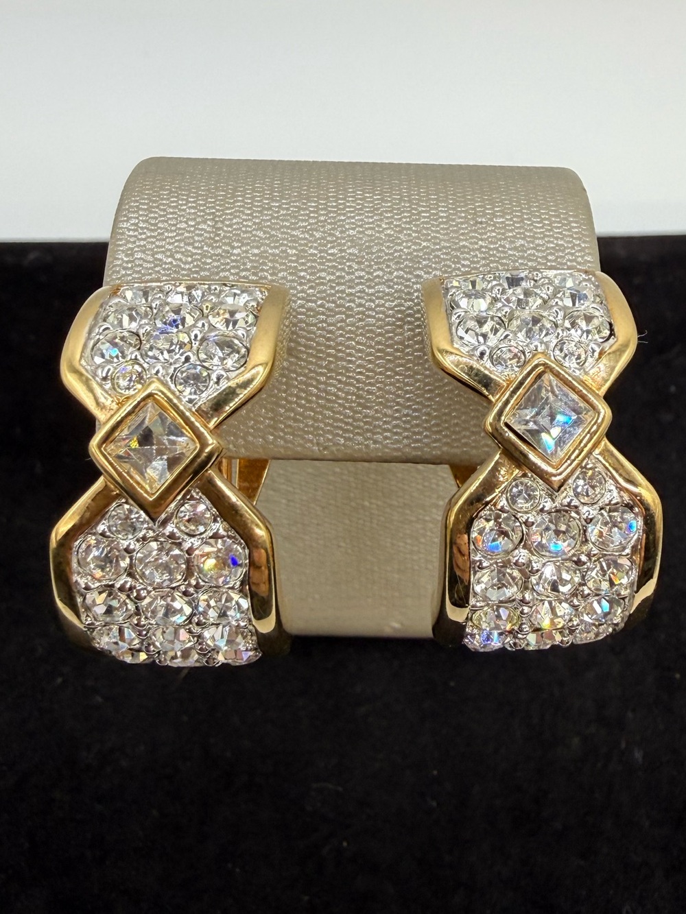 Vintage Swarovski Swan Signed Pavé Crystal Gold Tone Clip-On Earrings 1”